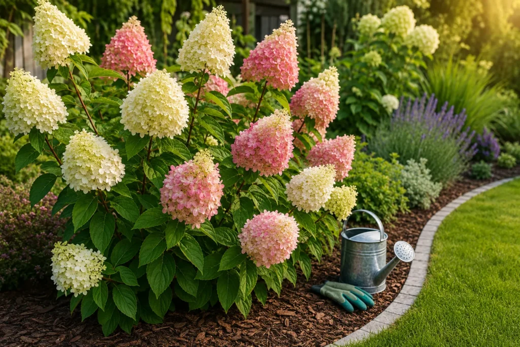 Bugás hortenzia gondozása – egészséges Hydrangea paniculata bokor dús virágbugákkal napos kertben.