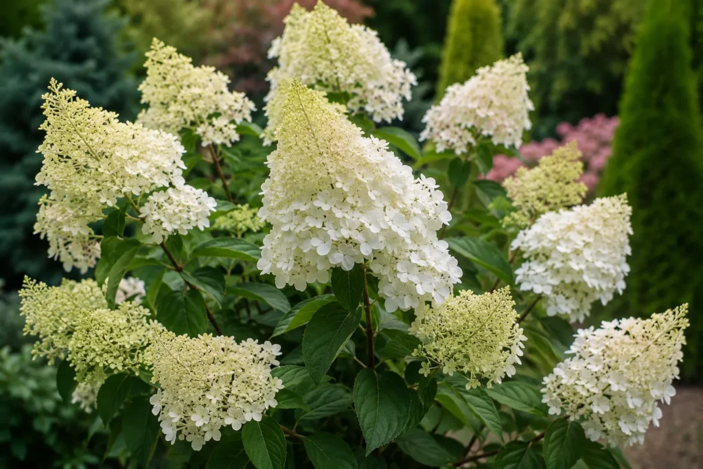 Bugás hortenzia betegségei – egészséges Hydrangea paniculata bokor dús fehér virágbugákkal kerti környezetben.