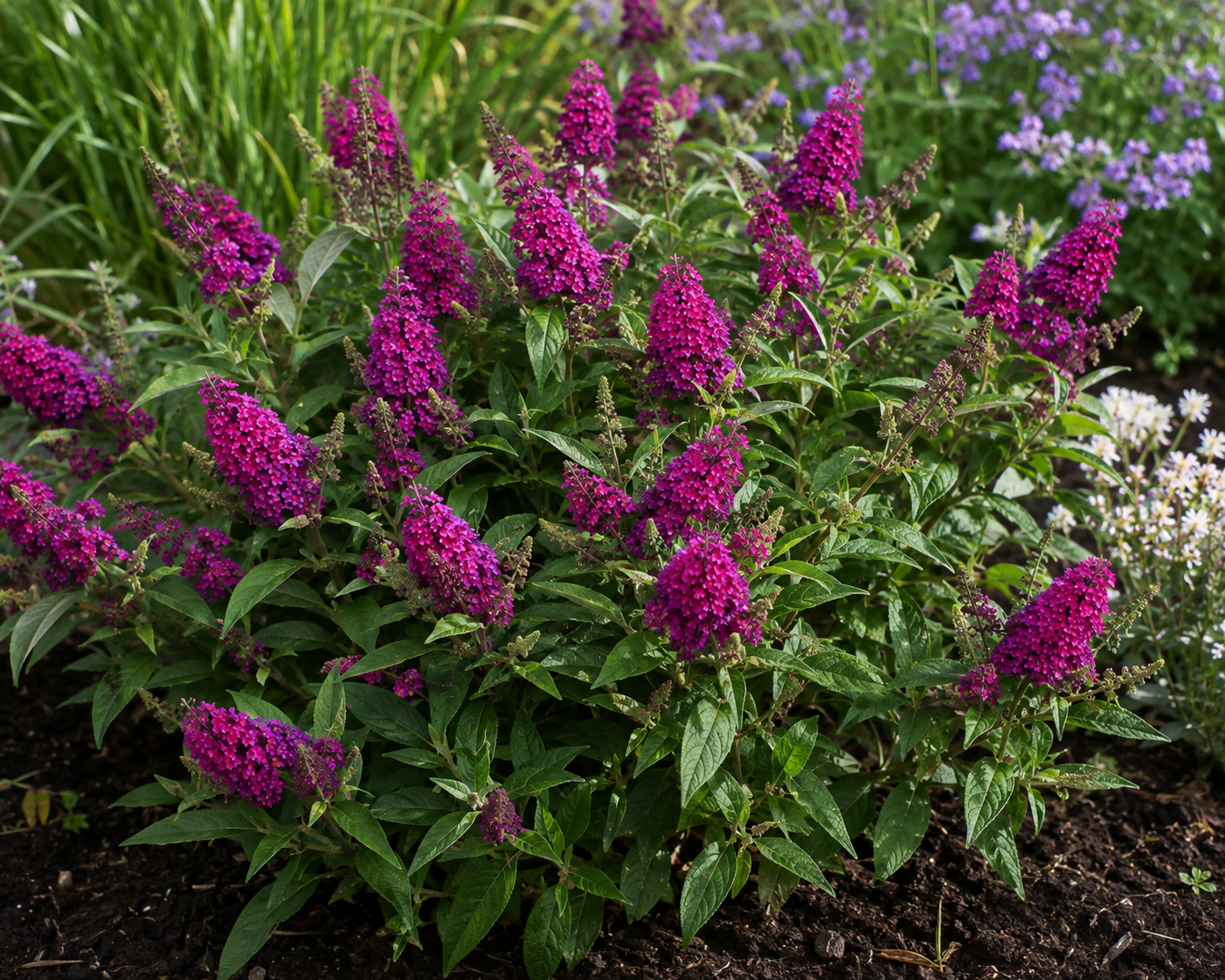Buddleja davidii Butterfly Candy® Little Magenta törpe nyári orgona élénk magenta virágokkal, dús lombozattal és kompakt habitussal a kertben